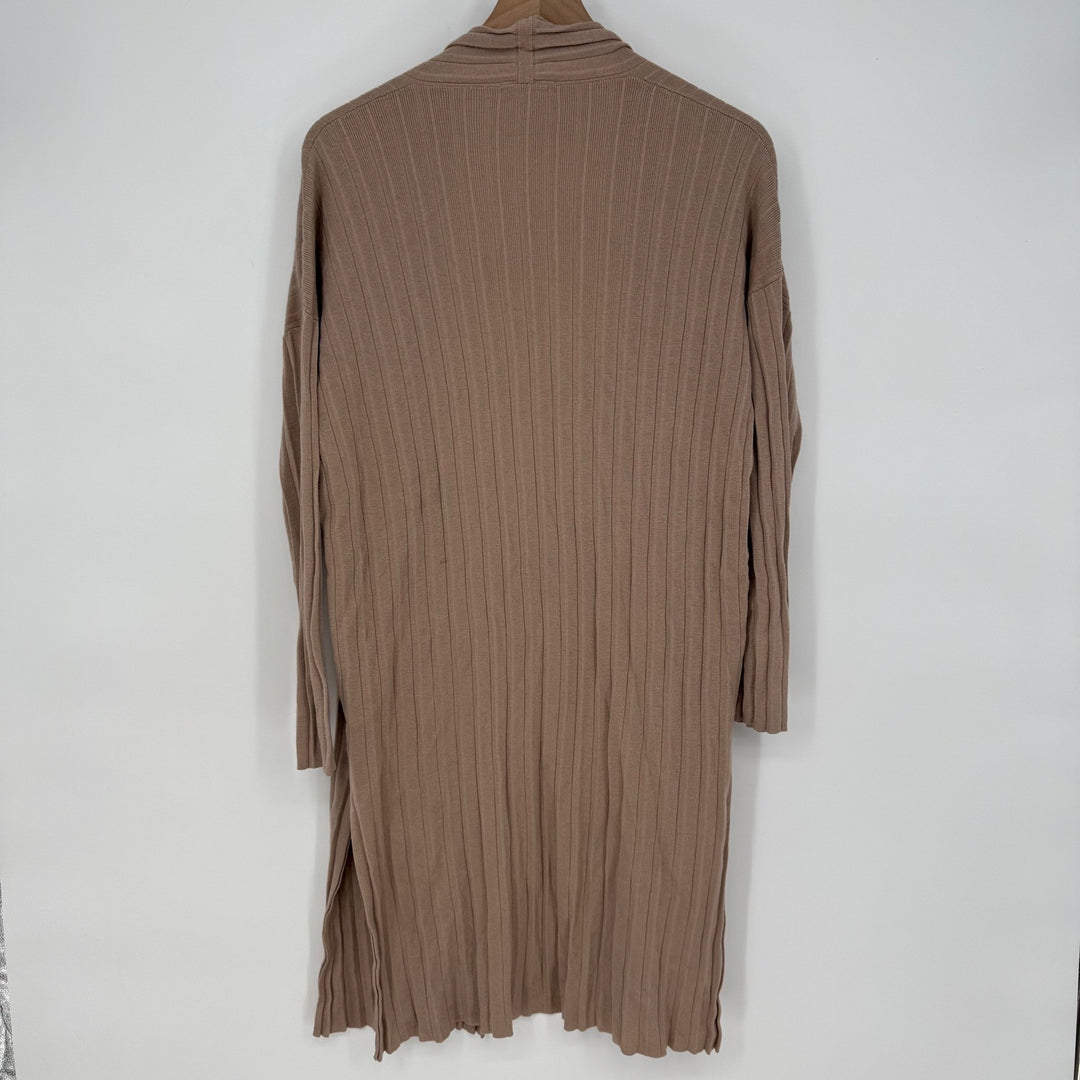 BB Dakota Ribbed Knit Duster Cardigan Tan Brown Open Front Pockets Long Sleeve M