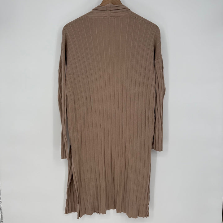 BB Dakota Ribbed Knit Duster Cardigan Tan Brown Open Front Pockets Long Sleeve M