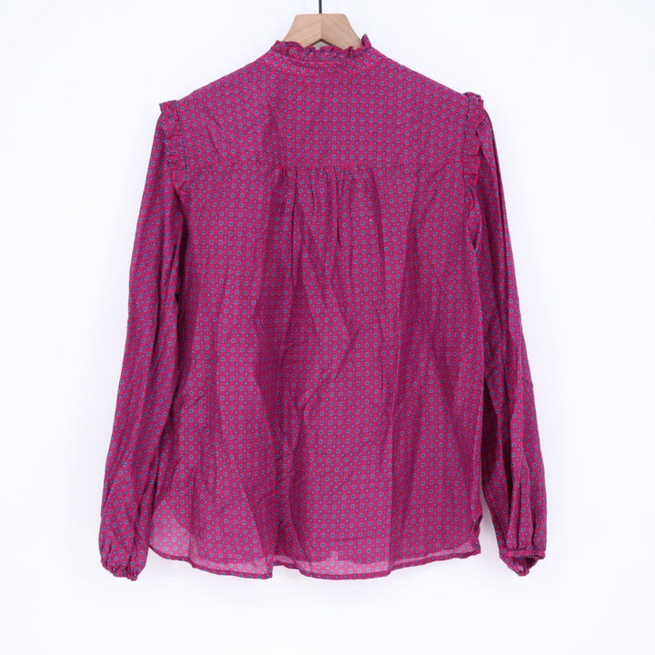 Xirena Pink Blue Geometric Ruffle Collar Button Up Shirt Top Size L