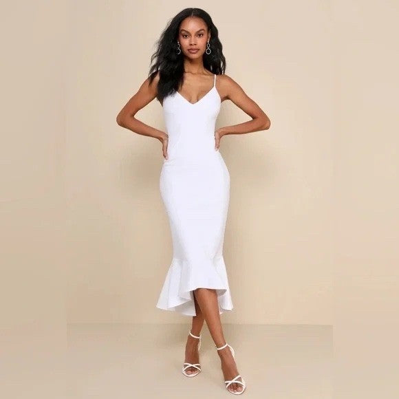 Lulus Stun Like Me White Bodycon Trumpet Hem Midi Dress Size M
