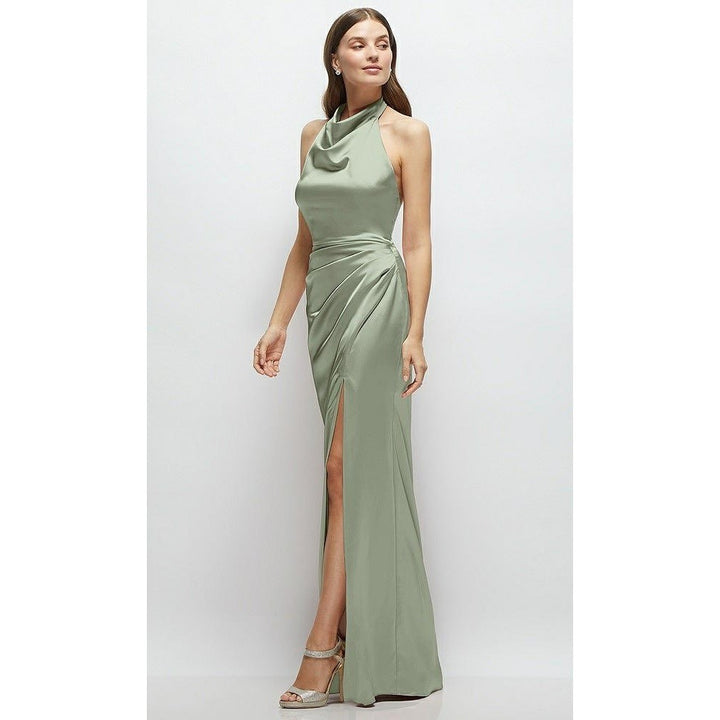 Lovely Noor Cowl Halter Open-Back Satin Maxi Dres In Sage Size XS