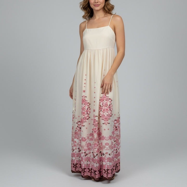 Commense Womens Maxi Dress Floral Sleeveless Casual Summer Cream Pink Size M