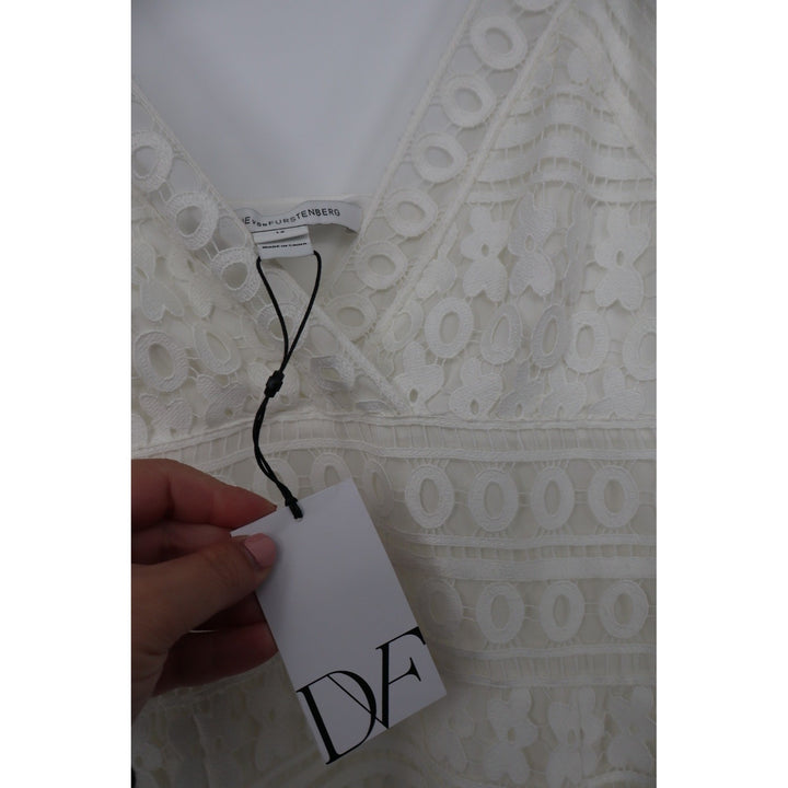 DIANE von FURSTENBERG Tiana Lace Midi Dress White Size 12 V Neck Ruffle Hem