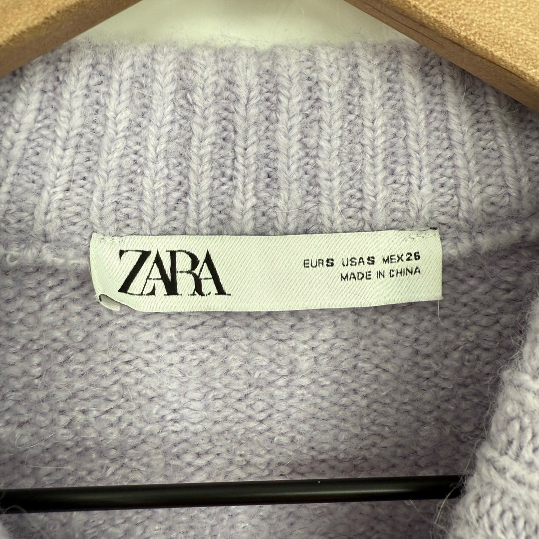 ZARA Mock Neck Ribbed Knit Sweater Lilac Purple Cropped Relaxed Fit Size 6
