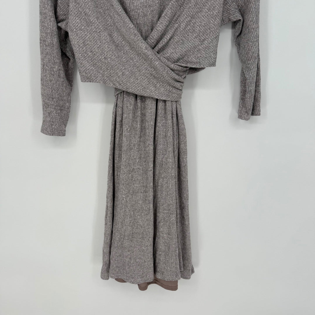 AMADI Wrap Knit Midi Dress Taupe Long Sleeve V Neck Ruched Casual Size S