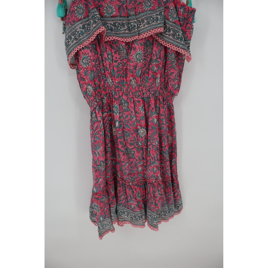ALICIA BELL Floral Print Tassel Tie Shoulder Dress XL Red Blue Silk Cotton