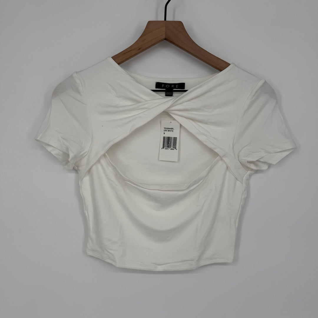 FORE Off White Twist Front Cutout Short Sleeve Crop Top Tee