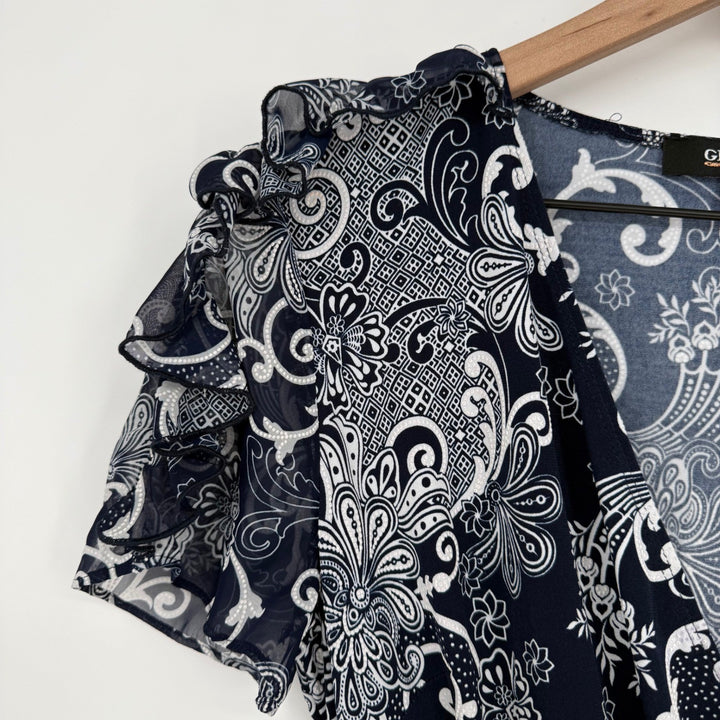 Glamour Women's Navy Blue White Paisley Print Wrap Dress Ruffle Sleeve Size 8