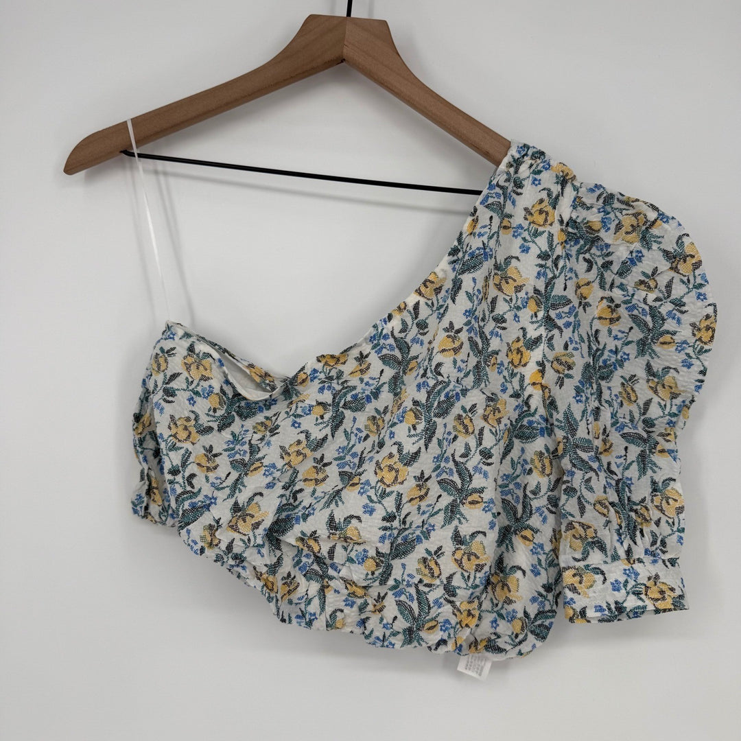 En Saison Floral Blouse Crop Top One Shoulder Yellow Blue White Womens Size M