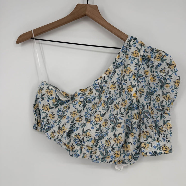 En Saison Floral Blouse Crop Top One Shoulder Yellow Blue White Womens Size M