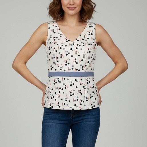 Boden Sinead Fitted Sleeveless Top Polka Dot Print Blouse Ivory Blue Red Size 4