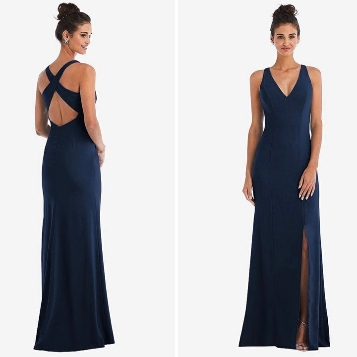 Thread Criss-Cross Cutout Back Maxi Dress With Front Slit In Midnight Navy