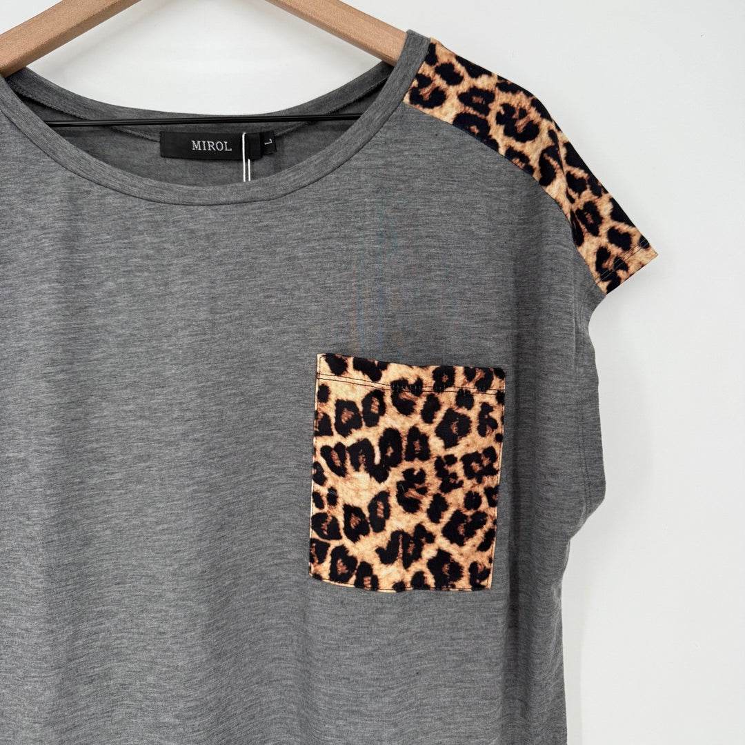 MIROL Women's Gray Leopard Pocket Cap Sleeve T-Shirt Top Size L