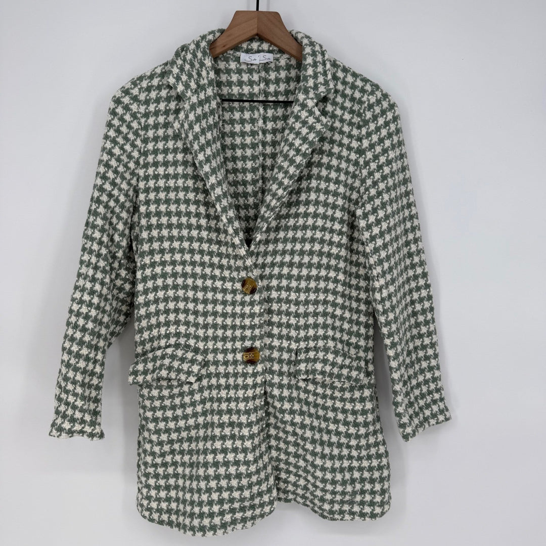 Sa Sa Houndstooth Blazer Jacket Green White Button Front Made in Italy
