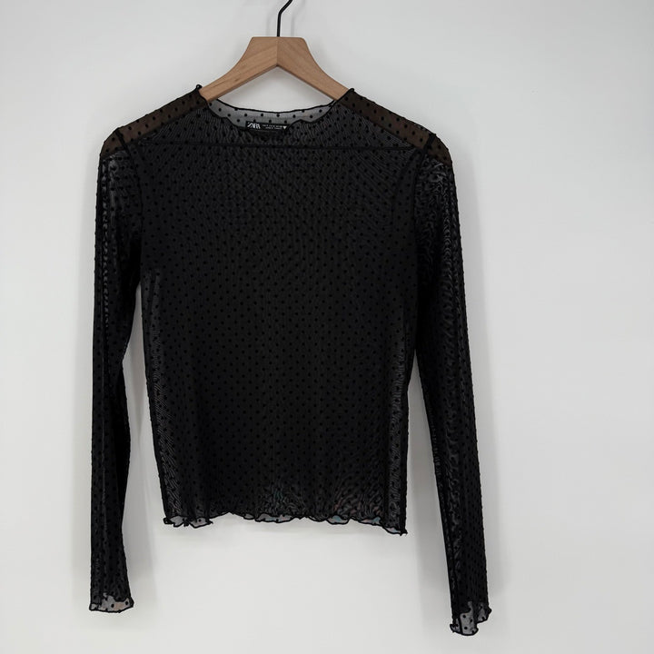 ZARA Black Polka Dot Mesh Sheer Long Sleeve Top Size S