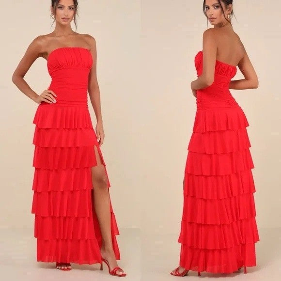 Lulus Exceptional Existence Red Mesh Ruched Tiered Maxi Dress