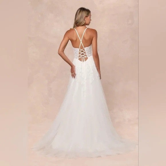 Lulus Glorious Luxury White Sheer Tulle Embroidered Beaded Maxi Dress Size XL