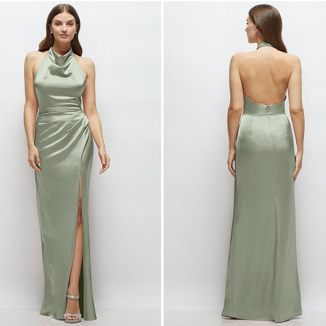 Lovely Noor Cowl Halter Open-Back Satin Maxi Dres In Sage Size XS