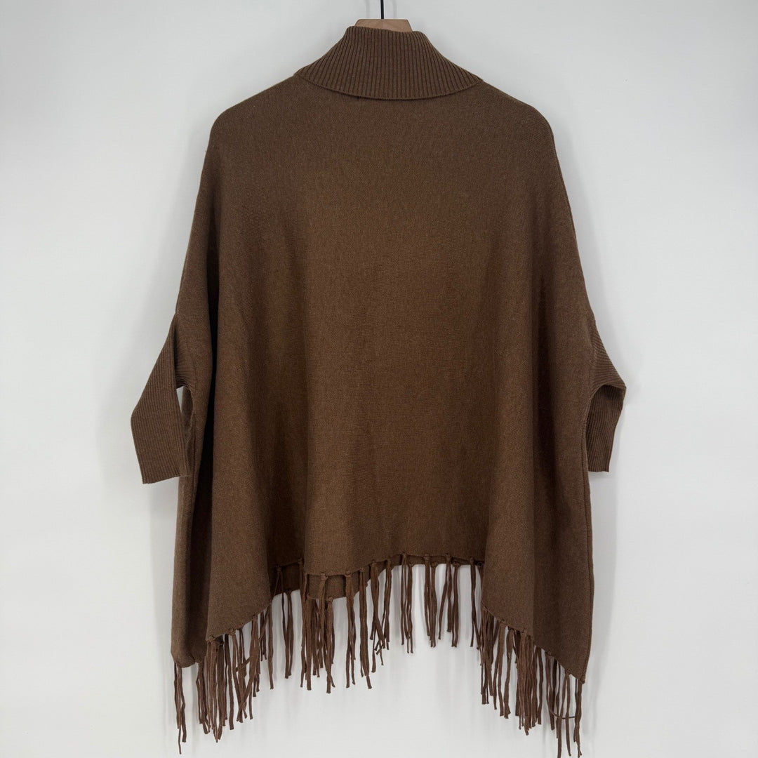 MAGASCHONI Women's Brown Wool Blend Turtleneck Fringe Poncho Sweater S/P