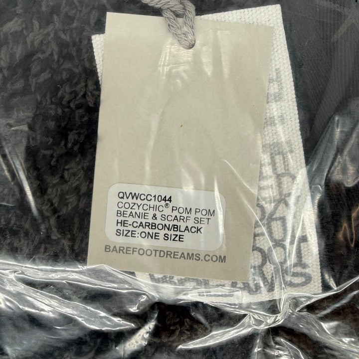 Barefoot Dreams CozyChic Pom Pom Beanie & Scarf Set Womens Carbon Black Warmer