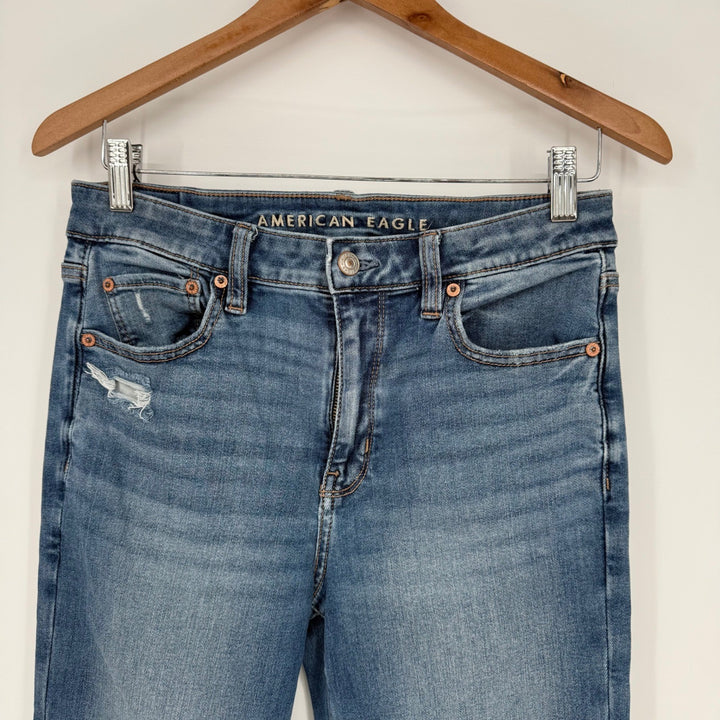 American Eagle Flared Distressed Jeans Blue Denim Next Level Stretch Size 4