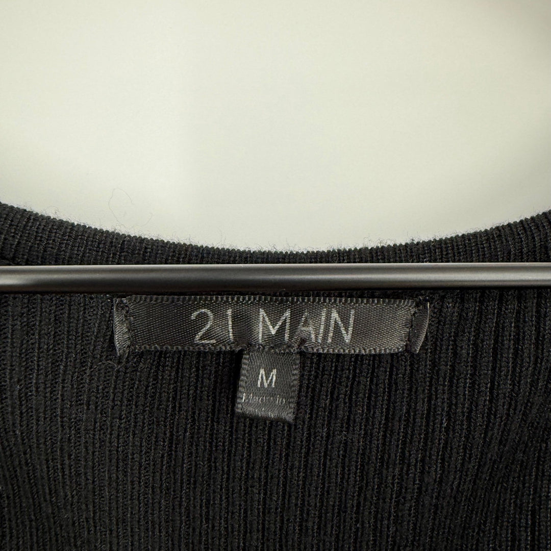 21 Main Black Ribbed Knit Top Medium Short Sleeve V-Neck Casual Basic
