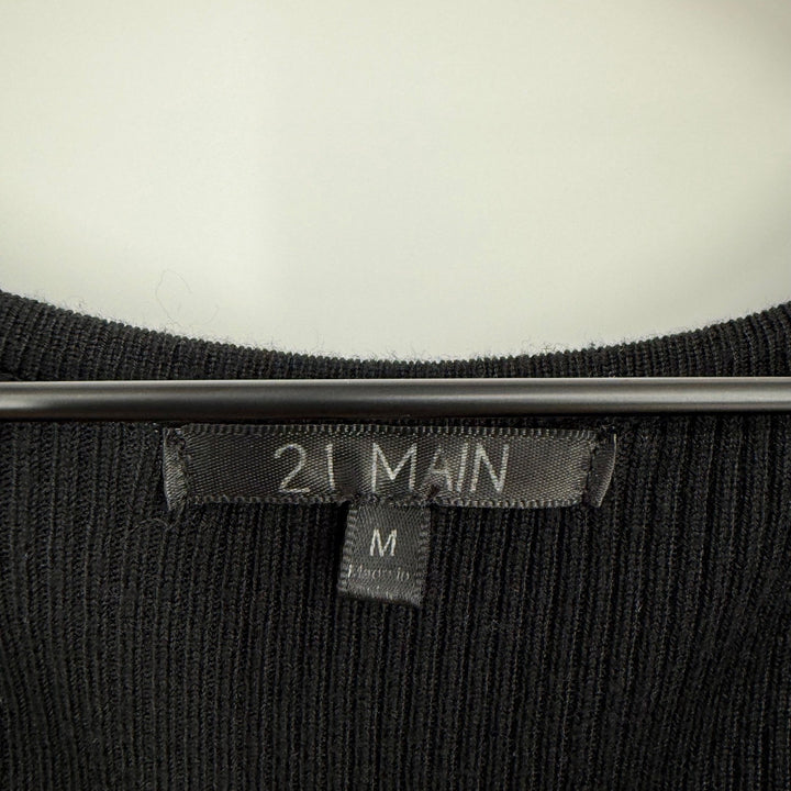 21 Main Black Ribbed Knit Top Medium Short Sleeve V-Neck Casual Basic