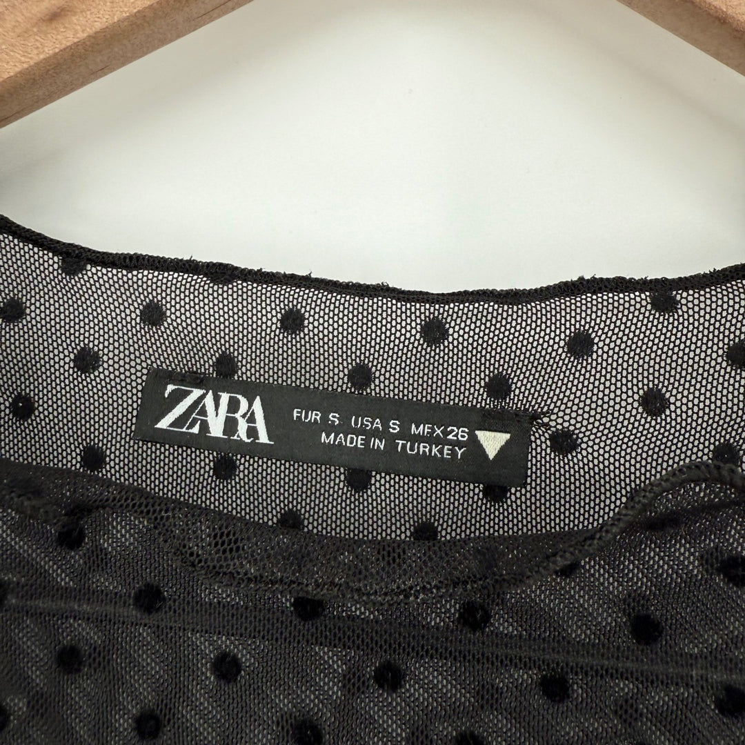 ZARA Black Polka Dot Mesh Sheer Long Sleeve Top Size S