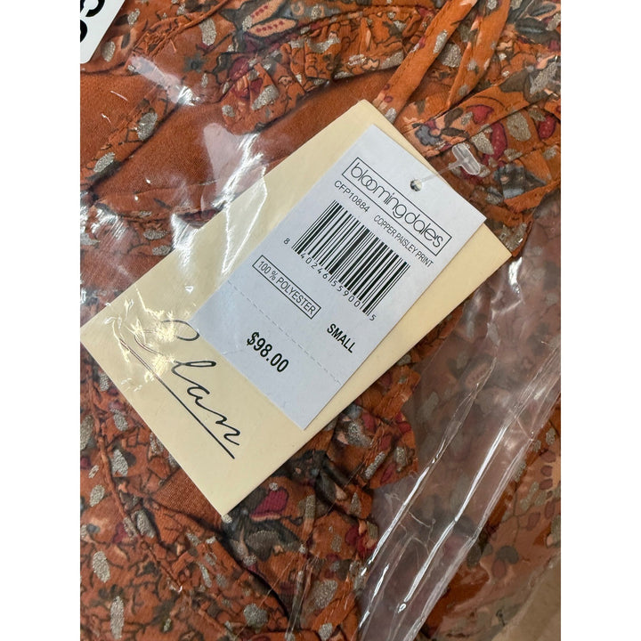 Elan Copper Paisley Print Long Sleeve Smocked Blouse Top S