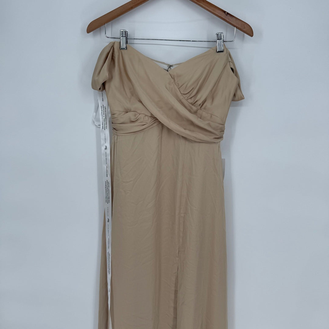 Dessy Collection Off-The-Shoulder Flounce Sleeve Empire Waist Gown With Slit