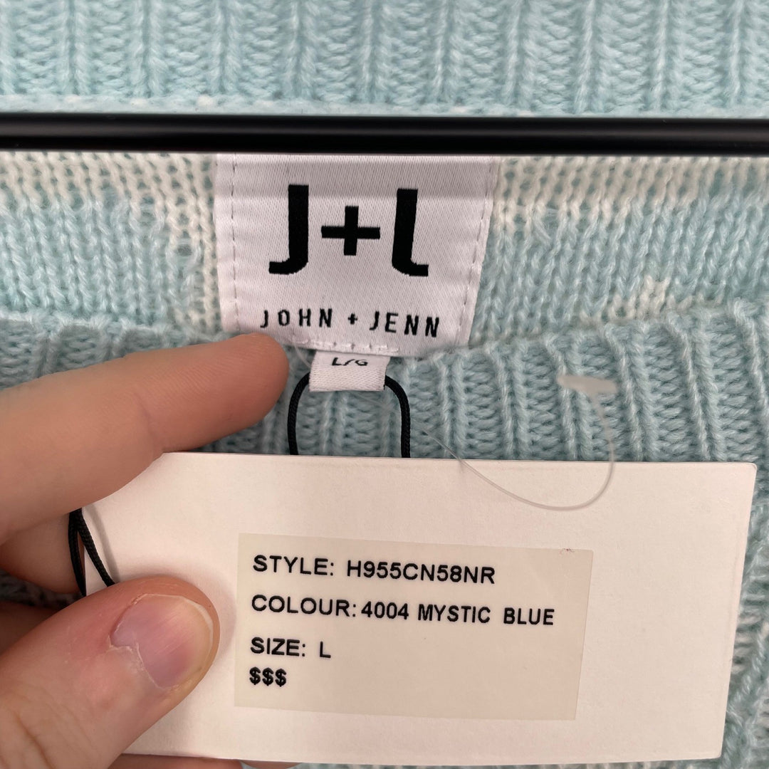 JOHN + JENN Leopard Print Crew Neck Sweater Light Blue White Long Sleeve Size L