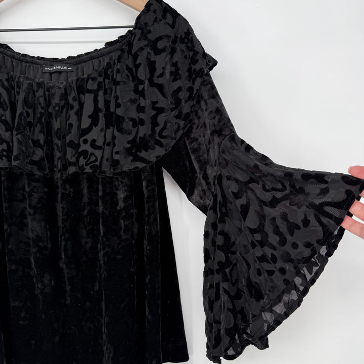 Nally & Millie Blouse Top Women S/M Black Burnout Velvet Nylon Lined Bell Sleeve