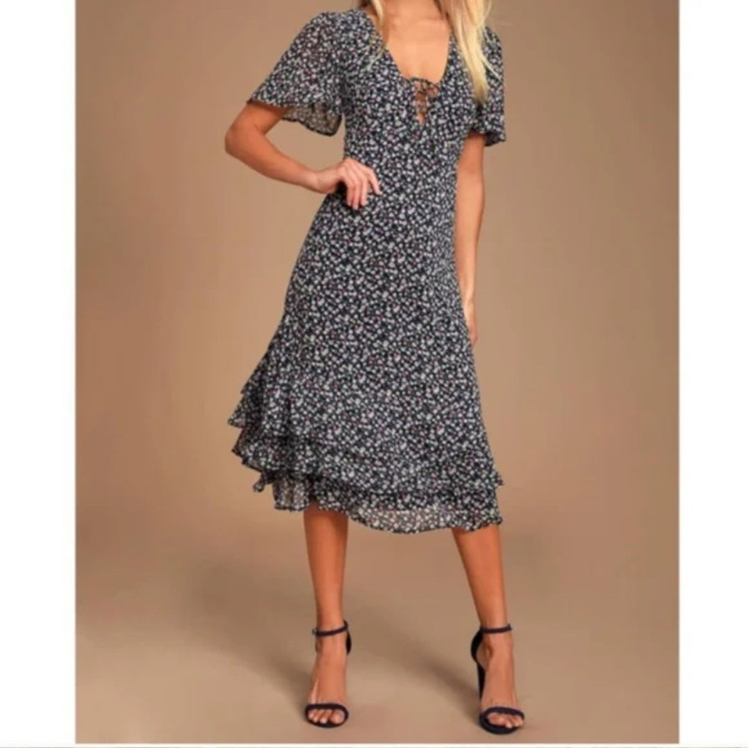 Lulus Renee Navy Blue Floral Print Ruffled Lace-Up Midi Dress Size XS