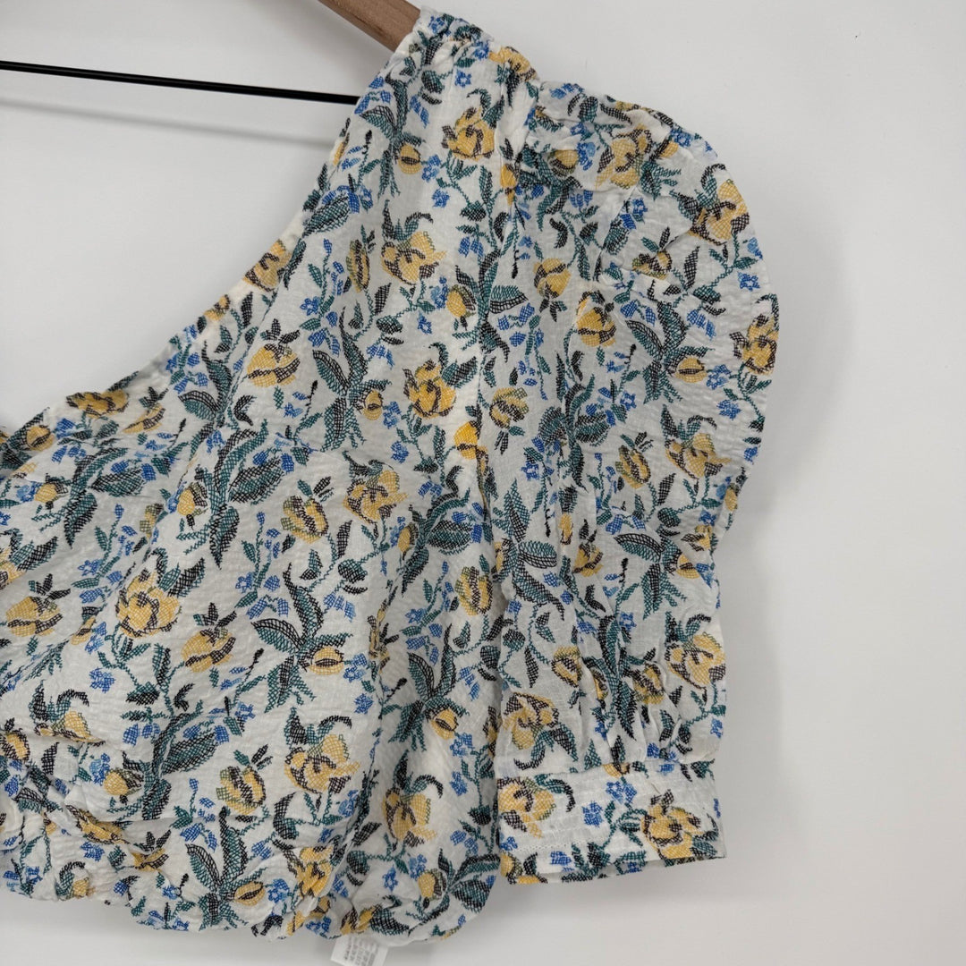 En Saison Floral Blouse Crop Top One Shoulder Yellow Blue White Womens Size M