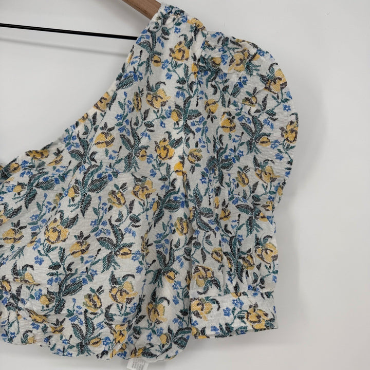 En Saison Floral Blouse Crop Top One Shoulder Yellow Blue White Womens Size M