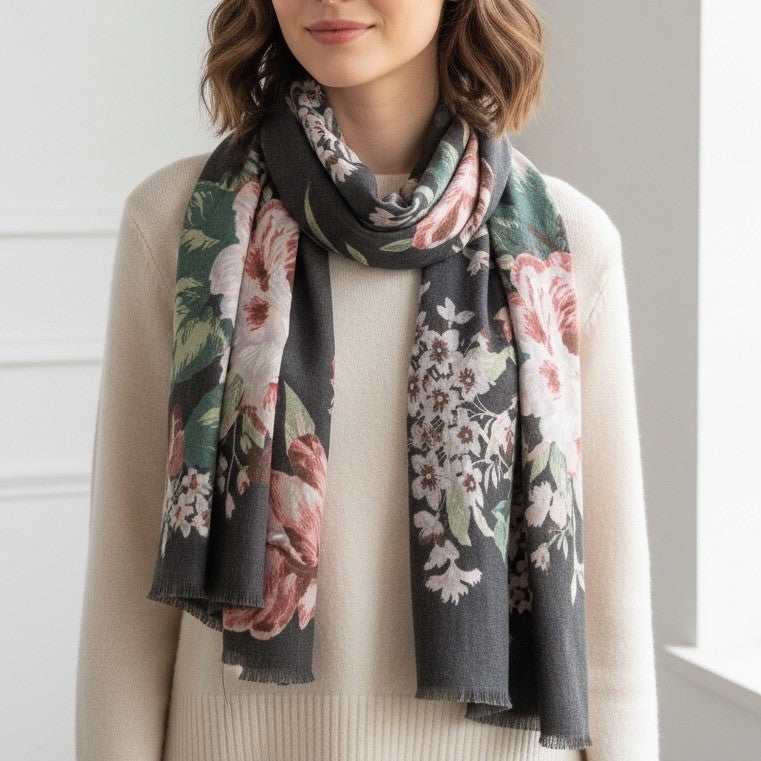 Women's Gray Floral Scarf with Fringed Edges - Large Fashion Accessory