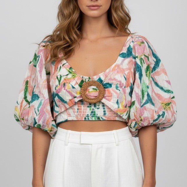 RAHI New Maui Chantal Top Floral Print Tie Back Woven Ring Cropped XL