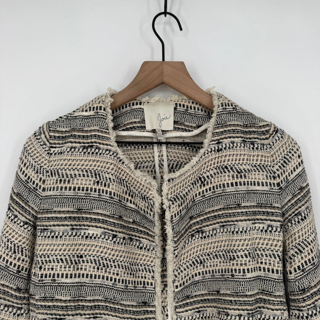 Joie Tweed Collarless Jacket Textured Fringe Open Front XS
