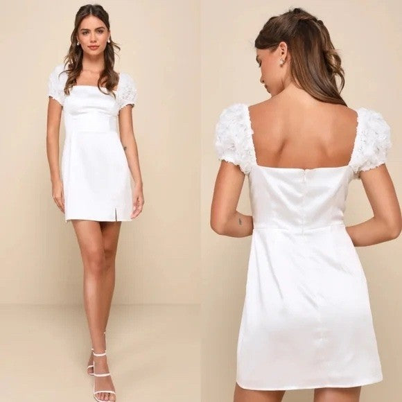 Lulus Precious Enchantment White Satin Floral Puff Sleeve Mini Dress Size S