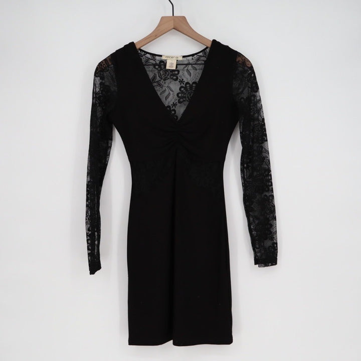 ARDEN B Black Lace Sleeve V Neck Ruched Sheath Mini Dress Size S