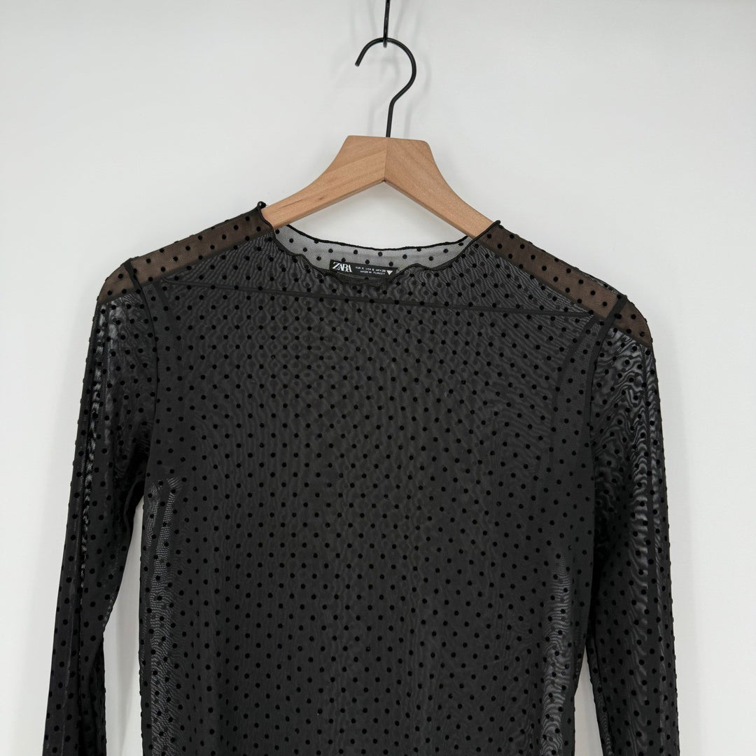 ZARA Black Polka Dot Mesh Sheer Long Sleeve Top Size S