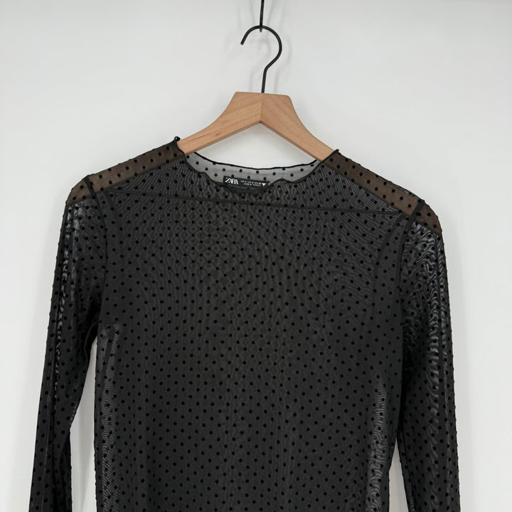 ZARA Black Polka Dot Mesh Sheer Long Sleeve Top Size S