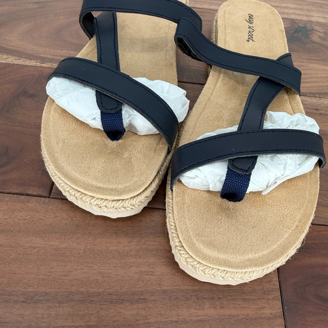 Easy Street Sandals Womens Size 9.5 N Navy Leather Song Slide Braided Slip On