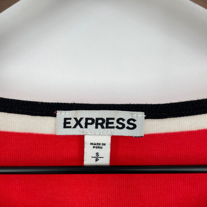 Express Red Cream Striped 3/4 Sleeve Pocket Tee Top Shirt Size SP