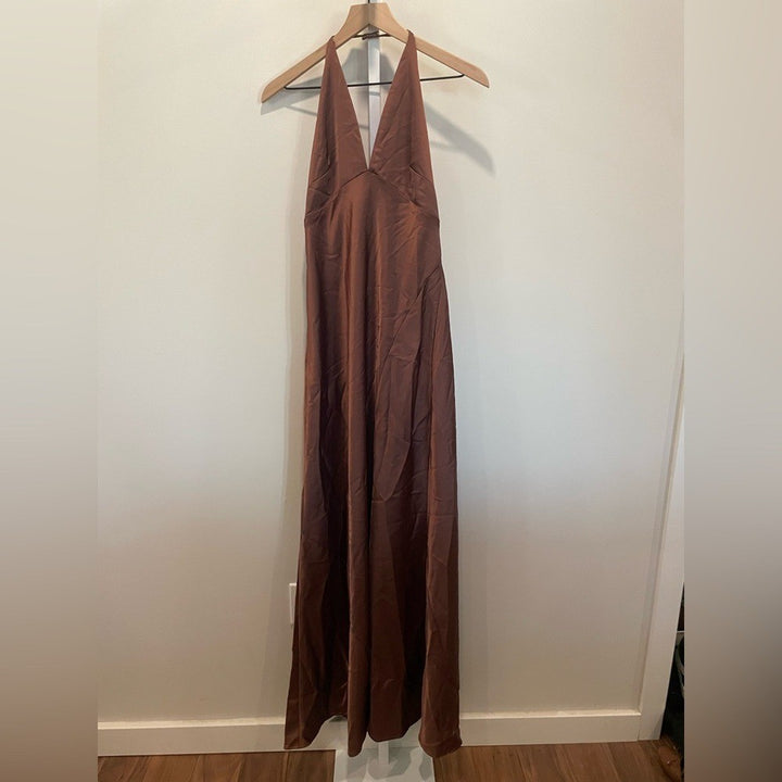 After Six Plunge Halter Open-Back Maxi Bias Dress Size M
