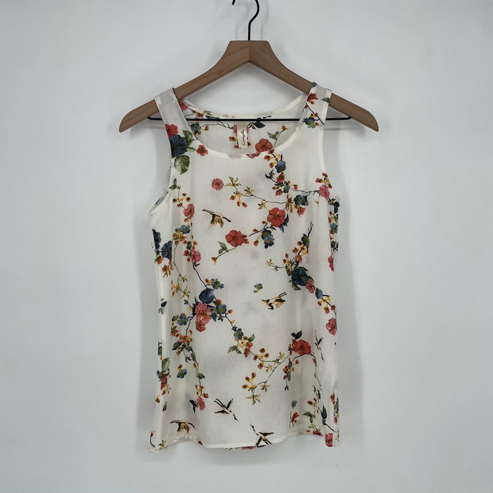 Lovecappella Cream Floral Bird Print Sleeveless Tank Top XS
