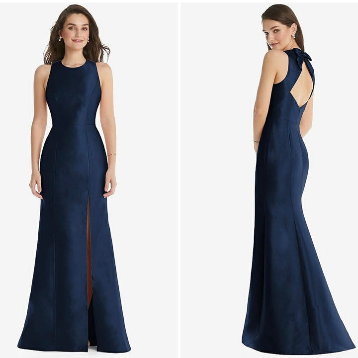 Alfred Sung Jewel Neck Bowed Open-Back Trumpet Dress With Front Slit Size 4