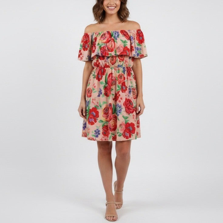 Everly Floral Ruffle Off Shoulder Dress Peach Red Blue Size L