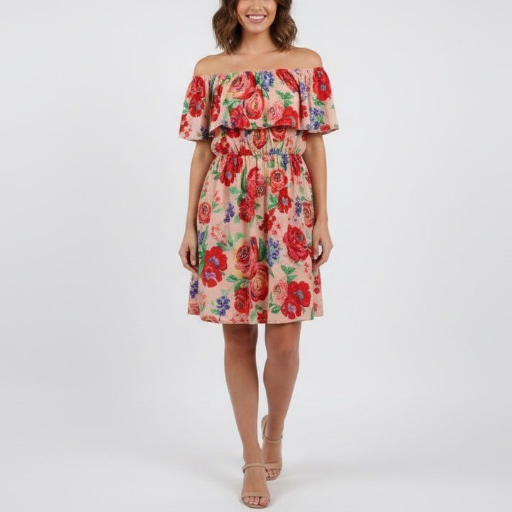 Everly Floral Ruffle Off Shoulder Dress Peach Red Blue Size L