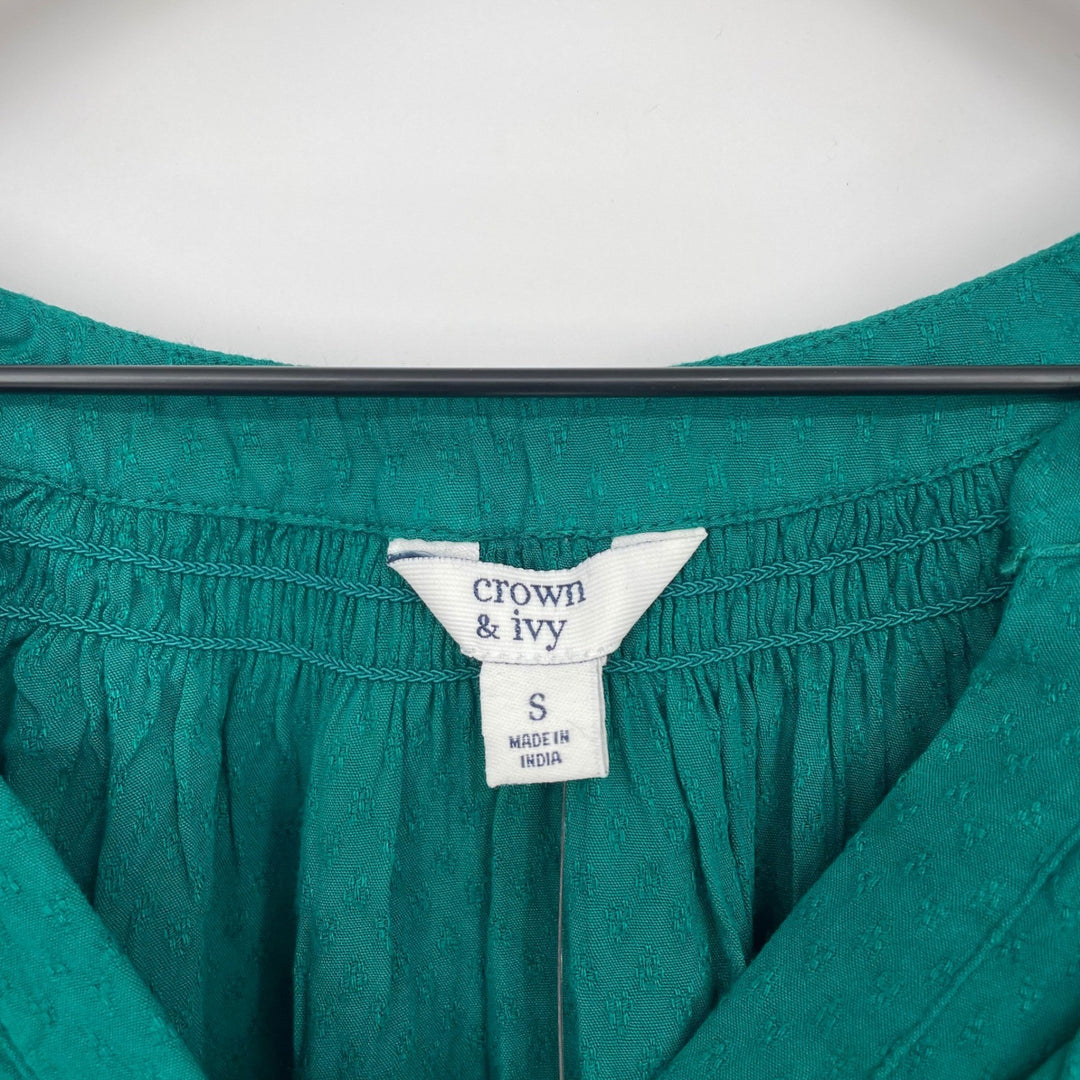 Crown Ivy Teal Green Textured Gathered Neck 3/4 Sleeve Blouse Top Size S